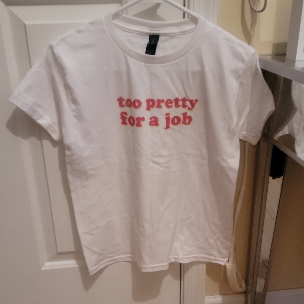 Gildan White Tee with Pink Yellow Writing. Size Small. BNWT.